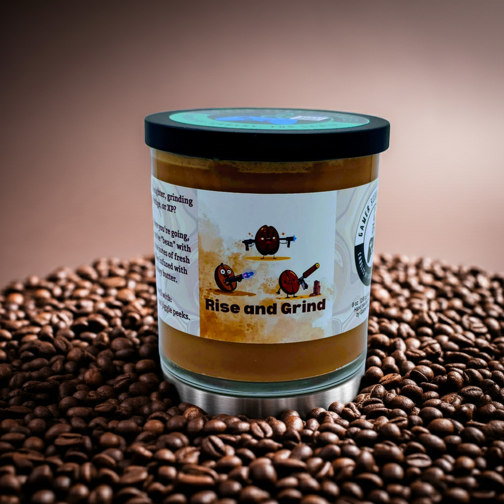 Rise and Grind. Premium Soy Wax Scented Candle by Gamer Scent Candles. Perfect gift for gamers. Father's Day, Mother's Day, birthdays and Christmas. FPS and Hero Shooter Gaming Candle.