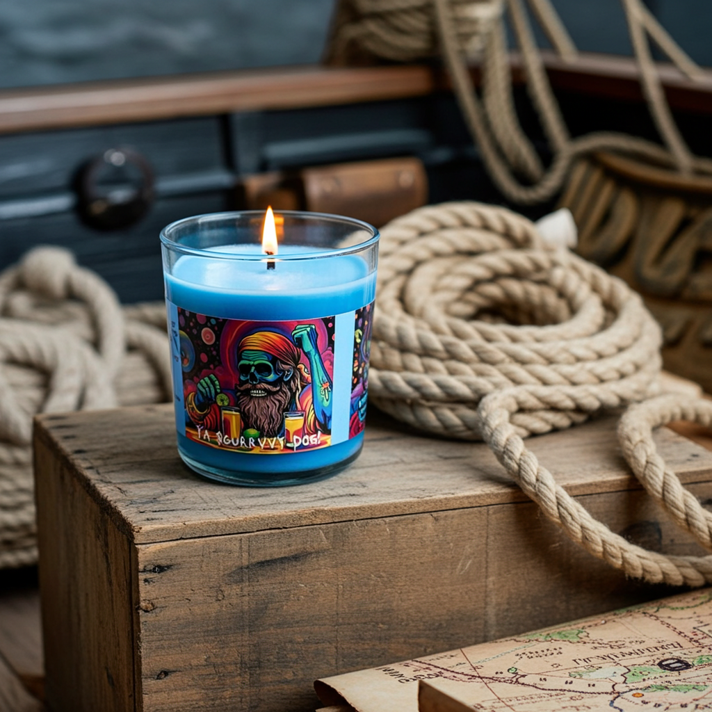 A Scurvy Dog 9-ounce tumbler jar, sitting on top of a crate, on the deck of a pirate ship. Lid off. Lit. Front view.  Video game candle. Perfect gift for gamers. Premium soy wax scented candle.
