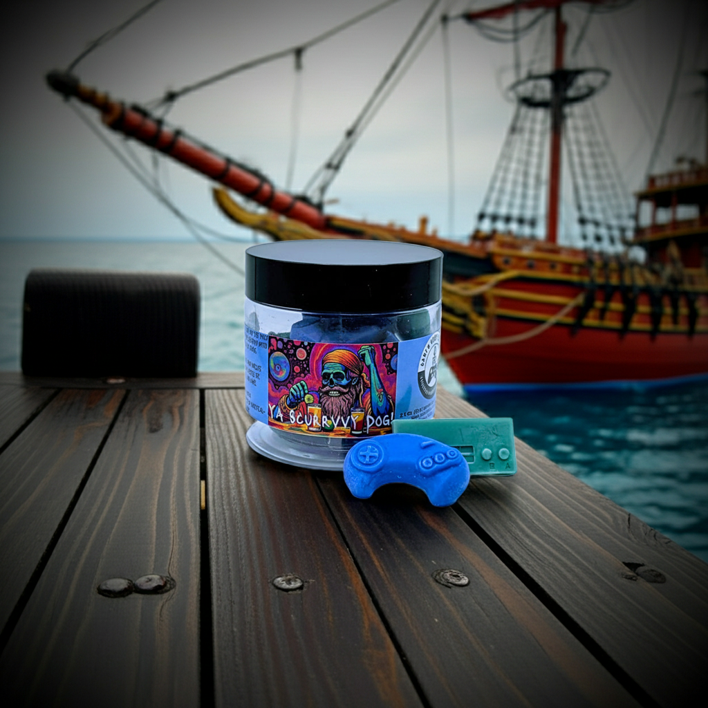 A jar of Scurvy Dog premium wax melts sitting on the deck of a pirate ship, with another ship in the background. Lid on. Front view.  Melts out. Video game wax melts. Perfect gift for gamers. Premium soy wax scented wax melts. Wax tarts.