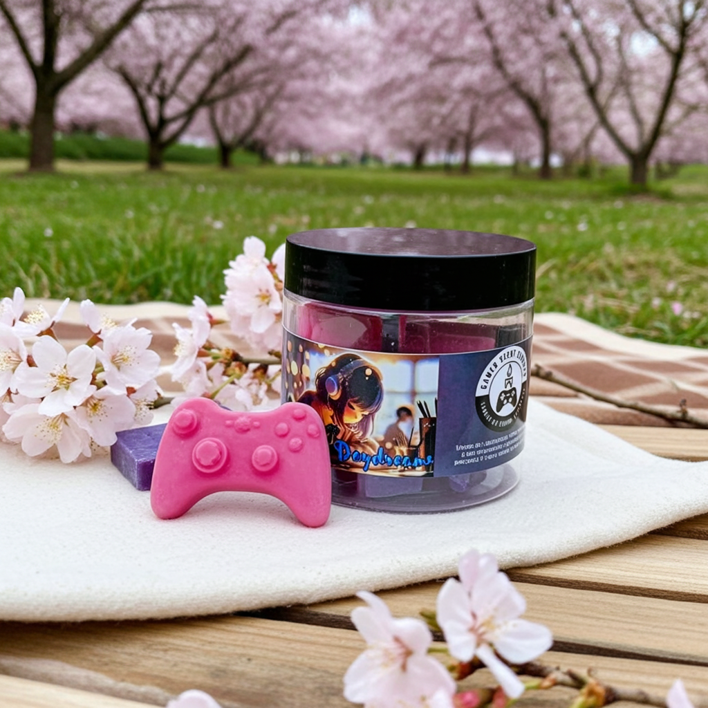 Japanese Daydreams premium wax melts in front of a field of cherry blossoms. Front view. Lid on. Melts out.  Video game wax melts for JRPG, Japanese life sim, and gacha games. Perfect gift for gamers. Premium soy wax scented wax melts. Wax tarts.