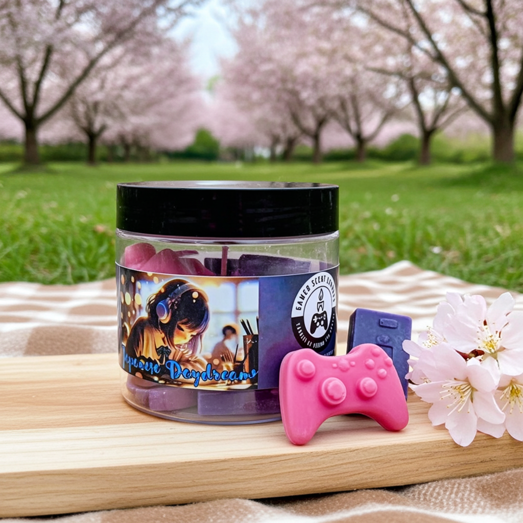 Japanese Daydreams premium wax melts in front of a field of cherry blossoms. Front view. Lid on. Melts out.  Video game wax melts for JRPG, Japanese life sim, and gacha games. Perfect gift for gamers. Premium soy wax scented wax melts. Wax tarts.