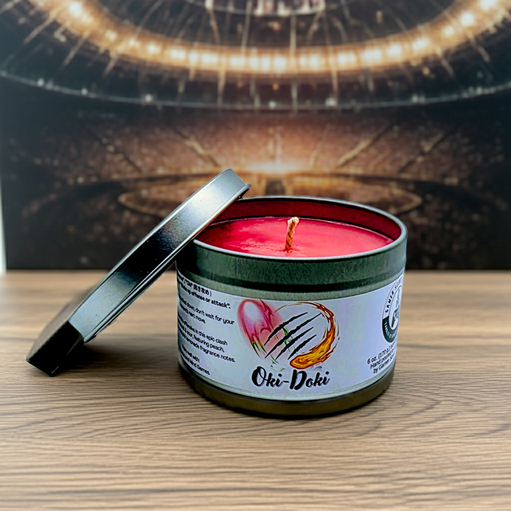 Oki-Doki 6-ounce tin, sitting in front of an epic battle arena. Front view. Lid off.  Video game candle. Perfect gift for gamers. Premium soy wax scented candle.