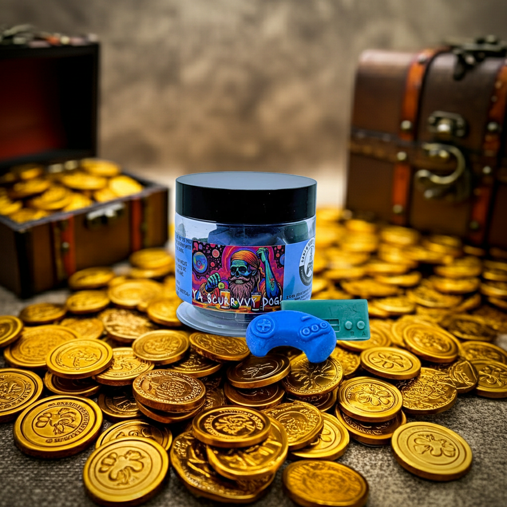 A jar of Scurvy Dog premium wax melts sitting on a pile of gold doubloons in front of two pirate chests. Lid on. Melts out. Front view.  Video game wax melts. Perfect gift for gamers. Premium soy wax scented wax melts. Wax tarts.