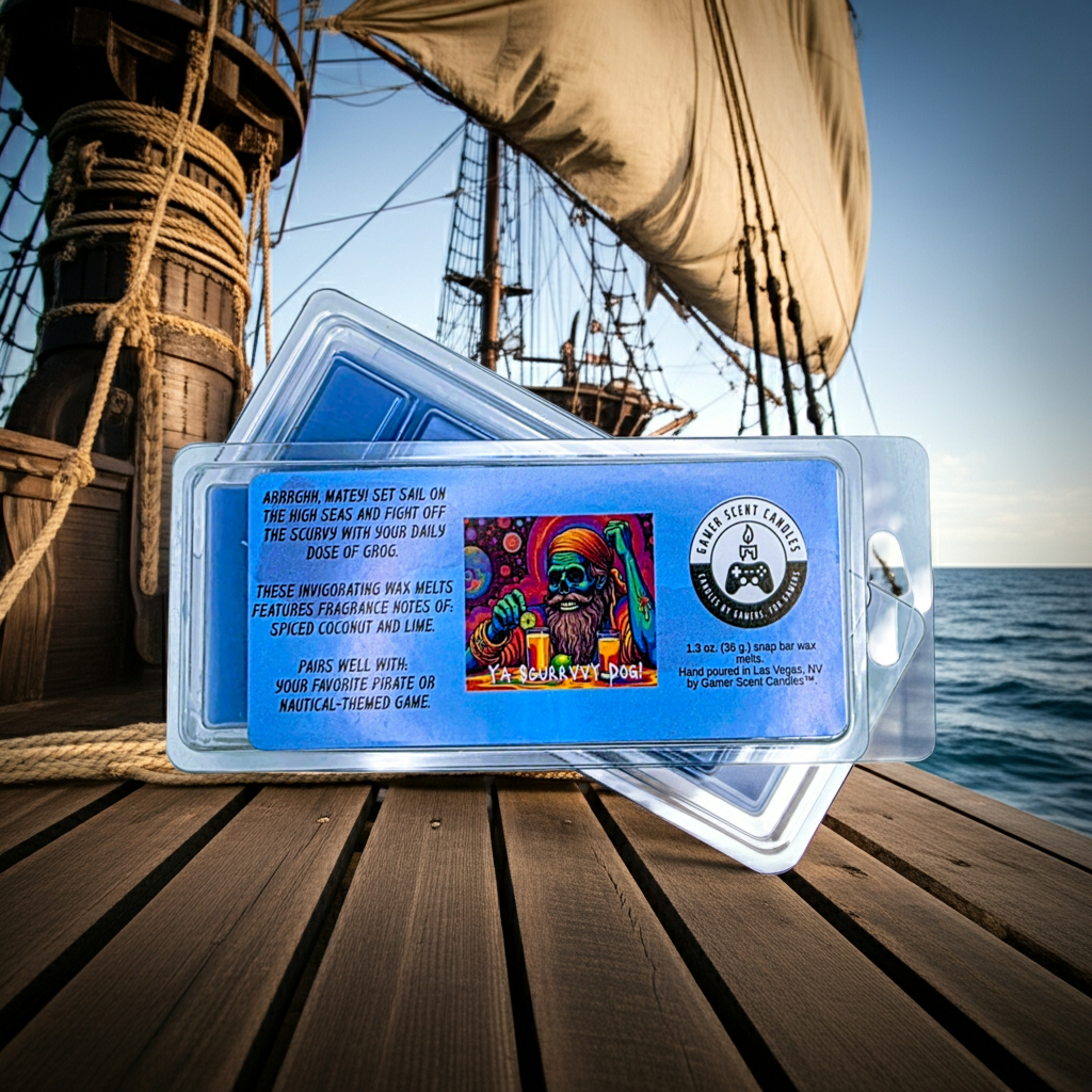 Scurvy Dog snap bar wax melts sitting on the deck of a pirate ship. Front and back. Stacked. Slightly offset.  Video game wax melts. Perfect gift for gamers. Premium soy wax scented wax melts. Wax tarts.