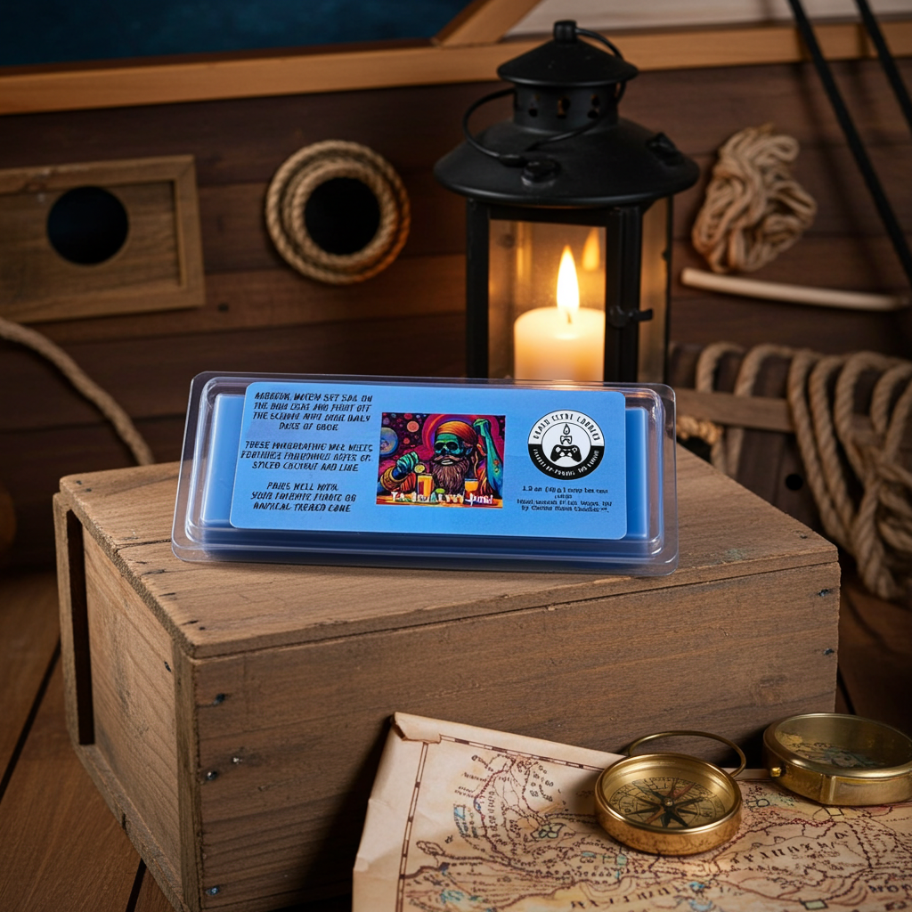 Scurvy Dog snap bar wax melts sitting on a crate, in front of a lantern, on the deck of a pirate ship, with a map and compass in the foreground. Front view. Sitting at an angle.  Video game wax melts. Perfect gift for gamers. Premium soy wax scented wax melts. Wax tarts.