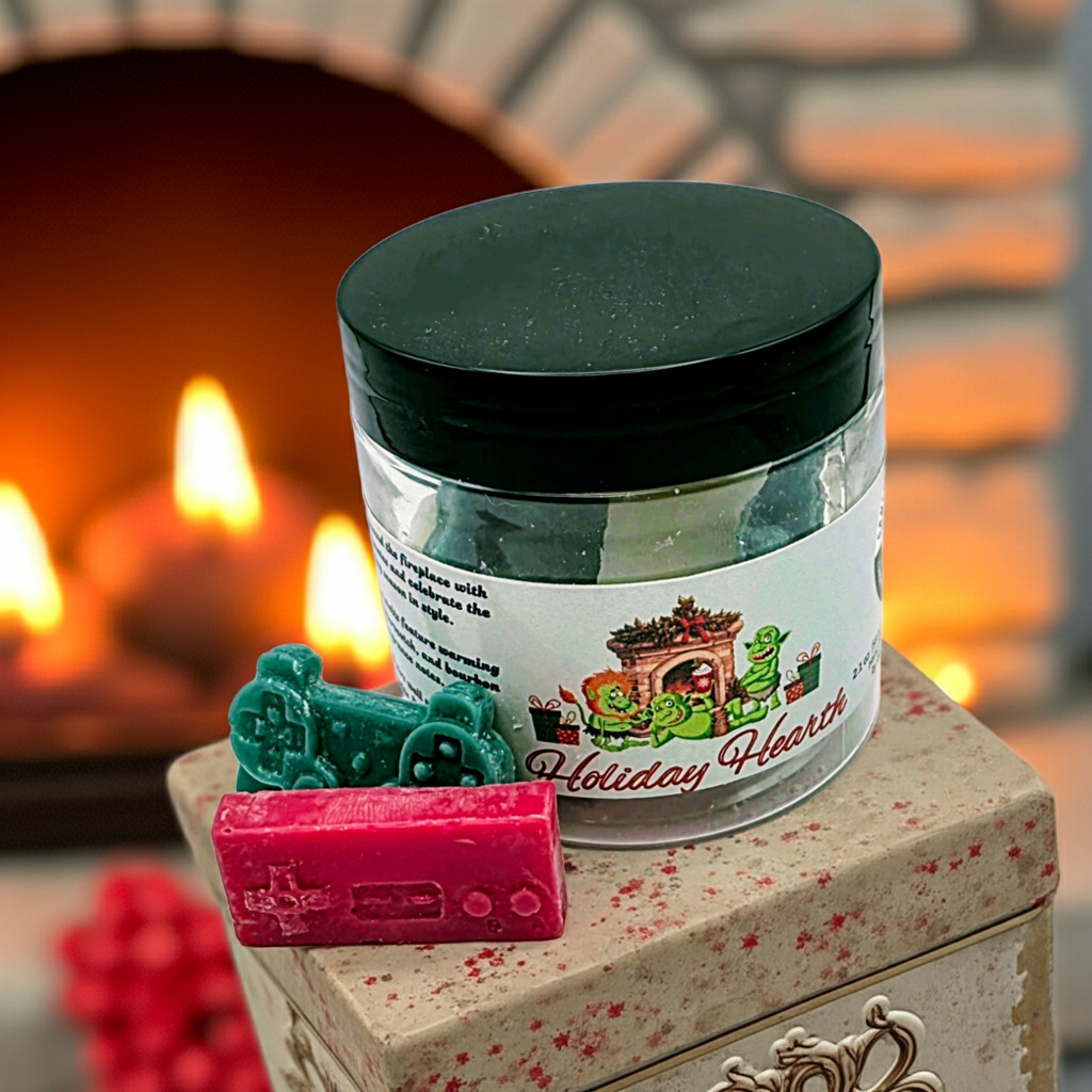 A jar of Holiday Hearth premium wax melts, sitting on top of a fancy box in front of a holiday fireplace. Front view. Lid on. Melts out.  Video game wax melts. Perfect gift for gamers. Premium soy wax scented wax melts. Wax tarts.