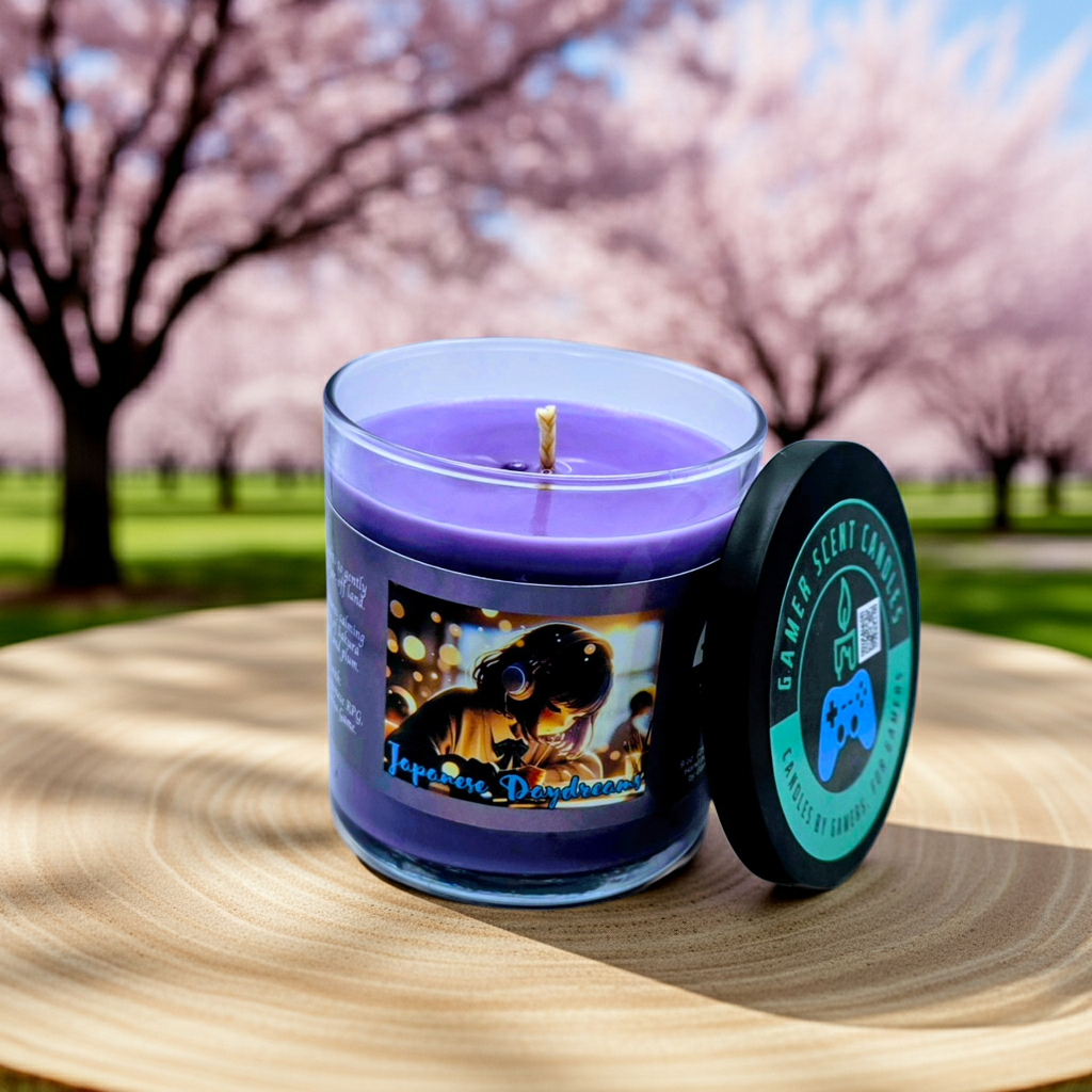Japanese Daydreams 9-ounce tumbler jar scented soy wax candle in front of a field of cherry blossoms. Lid off.  Video game candle for JRPG, Japanese life sim, and gacha games. Perfect gift for gamers.
