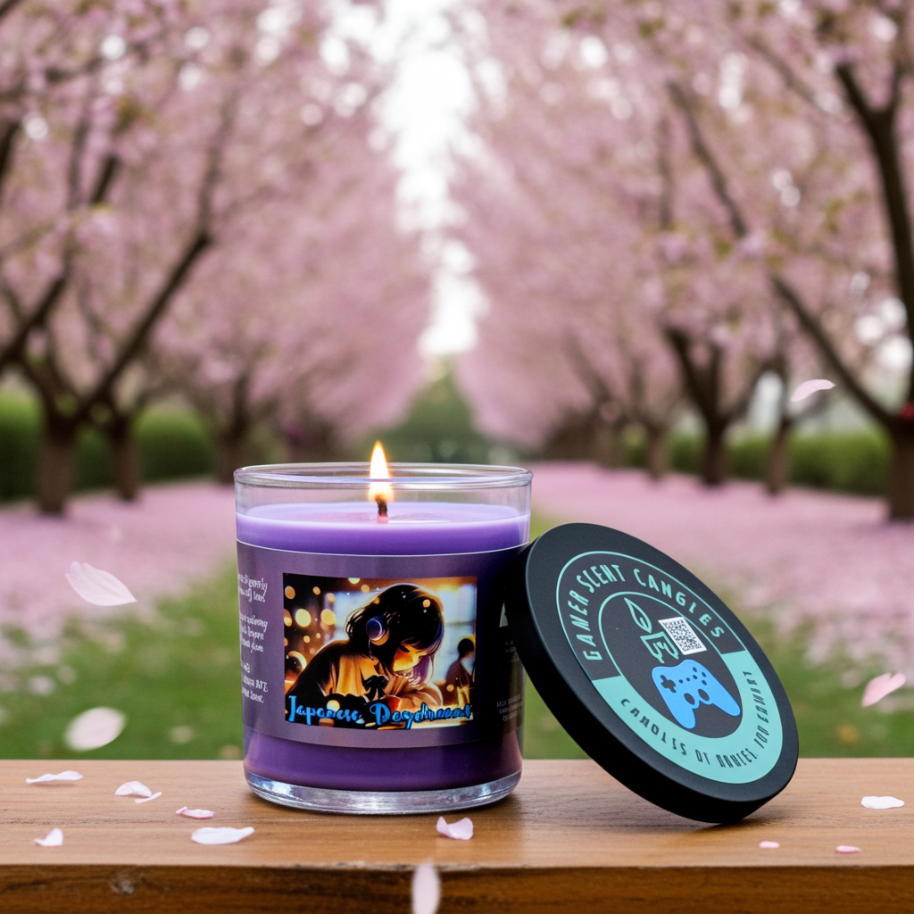 Japanese Daydreams 9-ounce tumbler jar candle in front of a field of cherry blossoms. Lit with the lid off. Video game candle for JRPG, Japanese life sim, and gacha games. Perfect gift for gamers.