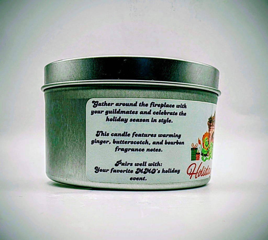 A 6 oz. candle in a candle tin named "Holiday Hearth" featuring a festive gathering of orcs around a fireplace during the holiday season.