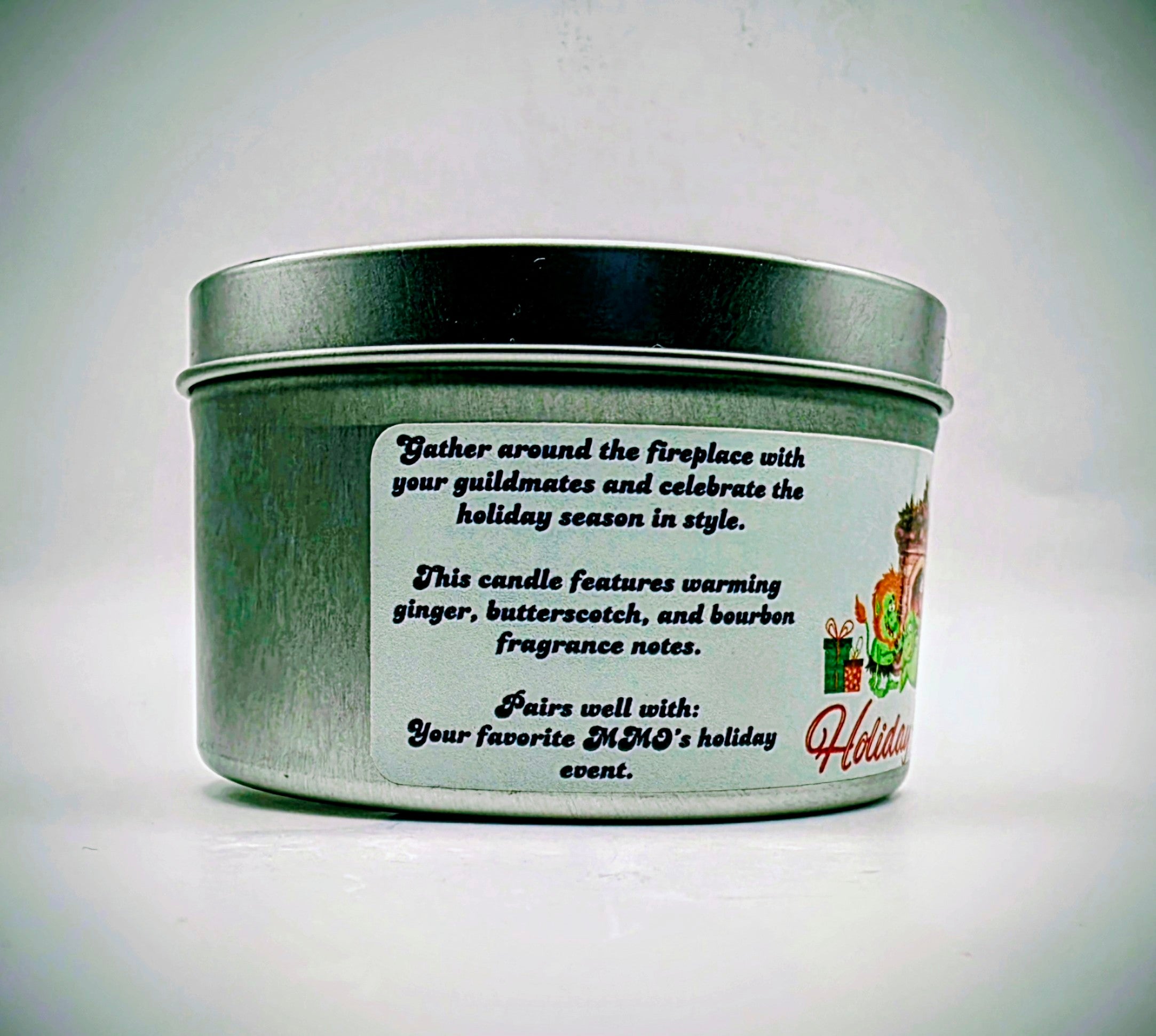 A 6 oz. candle in a candle tin named "Holiday Hearth" featuring a festive gathering of orcs around a fireplace during the holiday season.