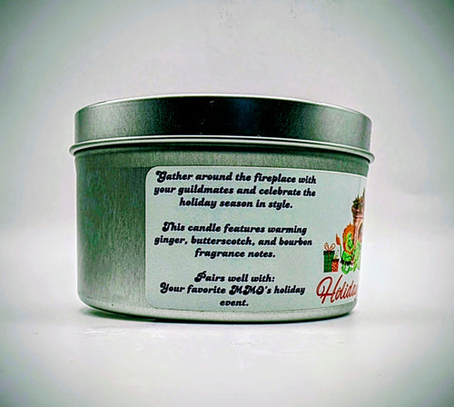 A 6 oz. candle in a candle tin named "Holiday Hearth" featuring a festive gathering of orcs around a fireplace during the holiday season.