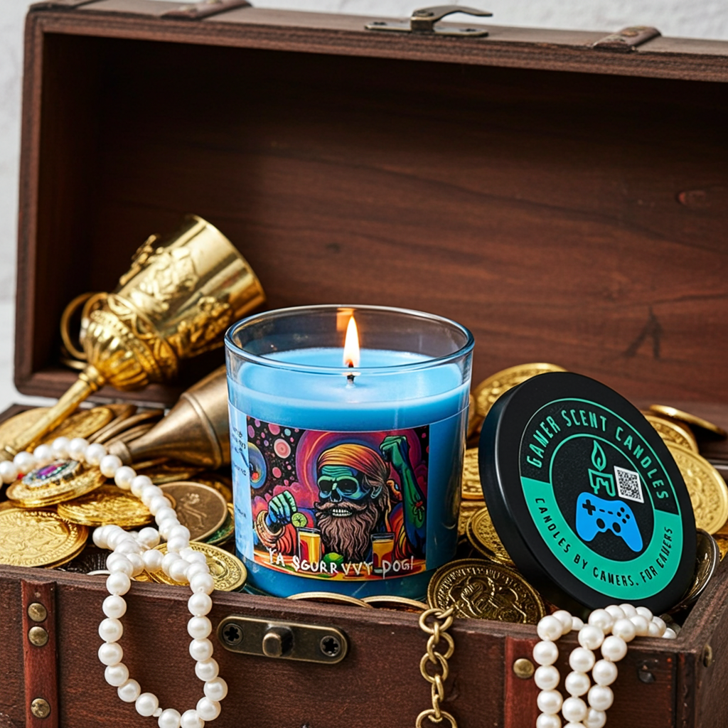 A Scurvy Dog 9-ounce tumbler jar, sitting in a chest of pirate tresaure. Lid off. Lit. Front view.  Video game candle. Perfect gift for gamers. Premium soy wax scented candle.
