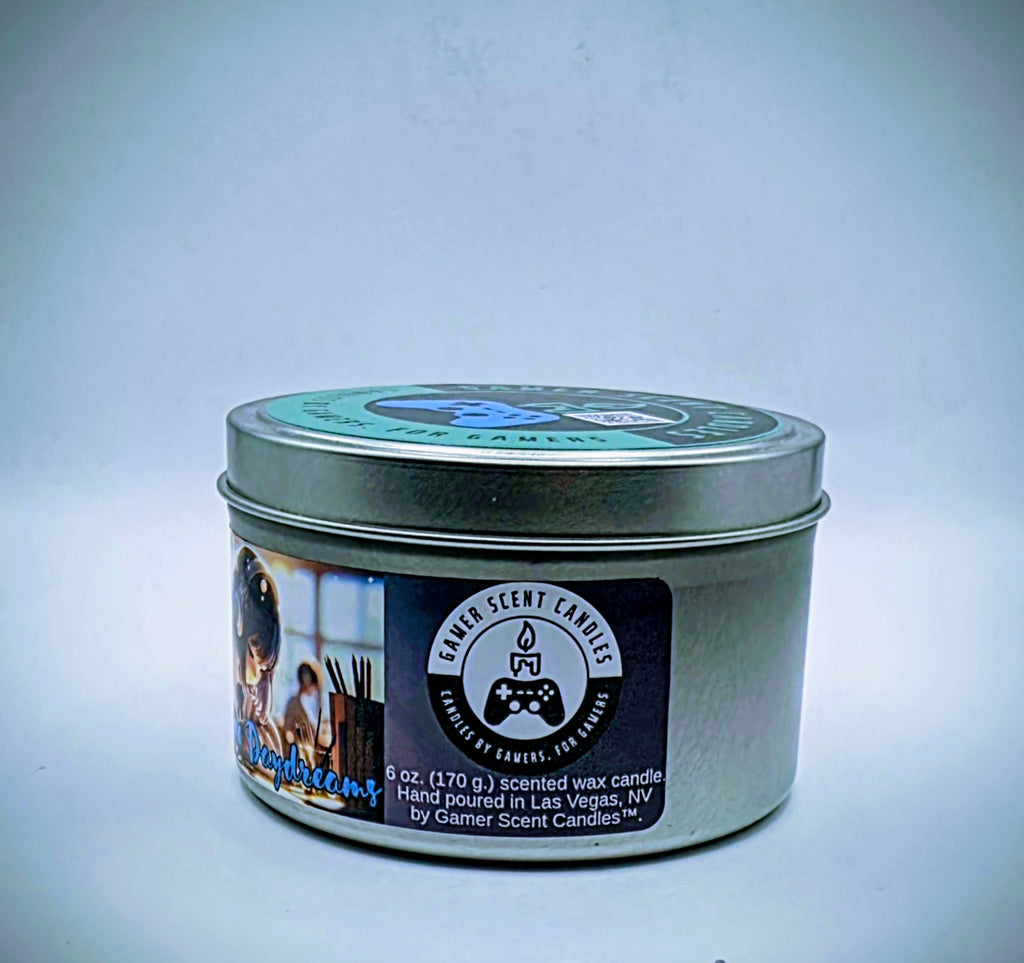 Our "Japanese Daydreams" candle in a 6 oz. tin. The candle features Sakura (cherry blossom) and plum fragrance notes. The candle is purple and features a purple label with a young Japanese girl wearing headphones, daydreaming during class. Our 6 oz. candles have approximately a 25 hour burn time.