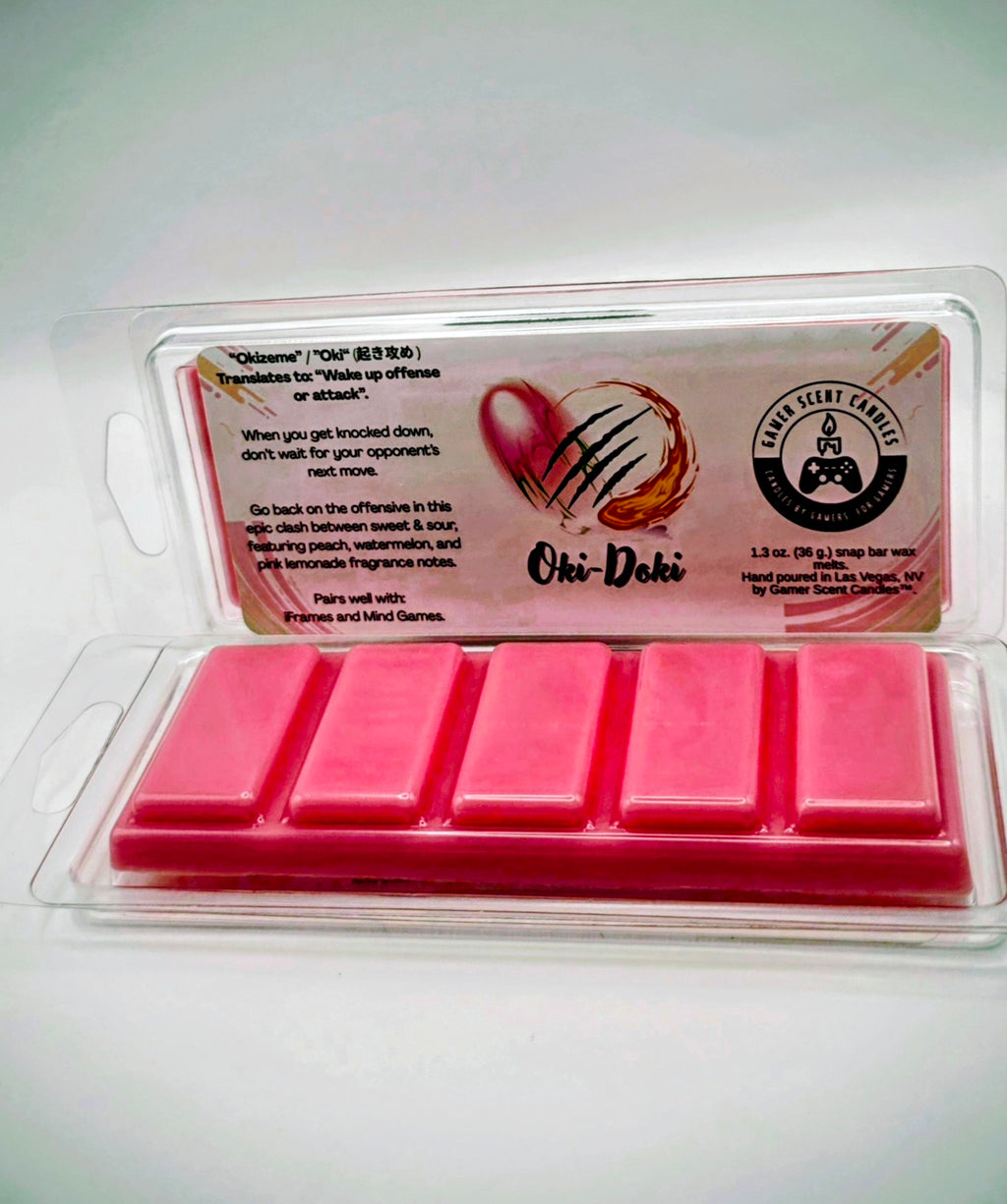 Our Oki-Doki fragrance in a 1.3 oz. snap bar. Oki Doki features sweet and sour fragrance notes, met to represent the epic clash between power fighters in your favorite fighting game. It features fragrance notes of peach, watermelon, and pink lemonade.