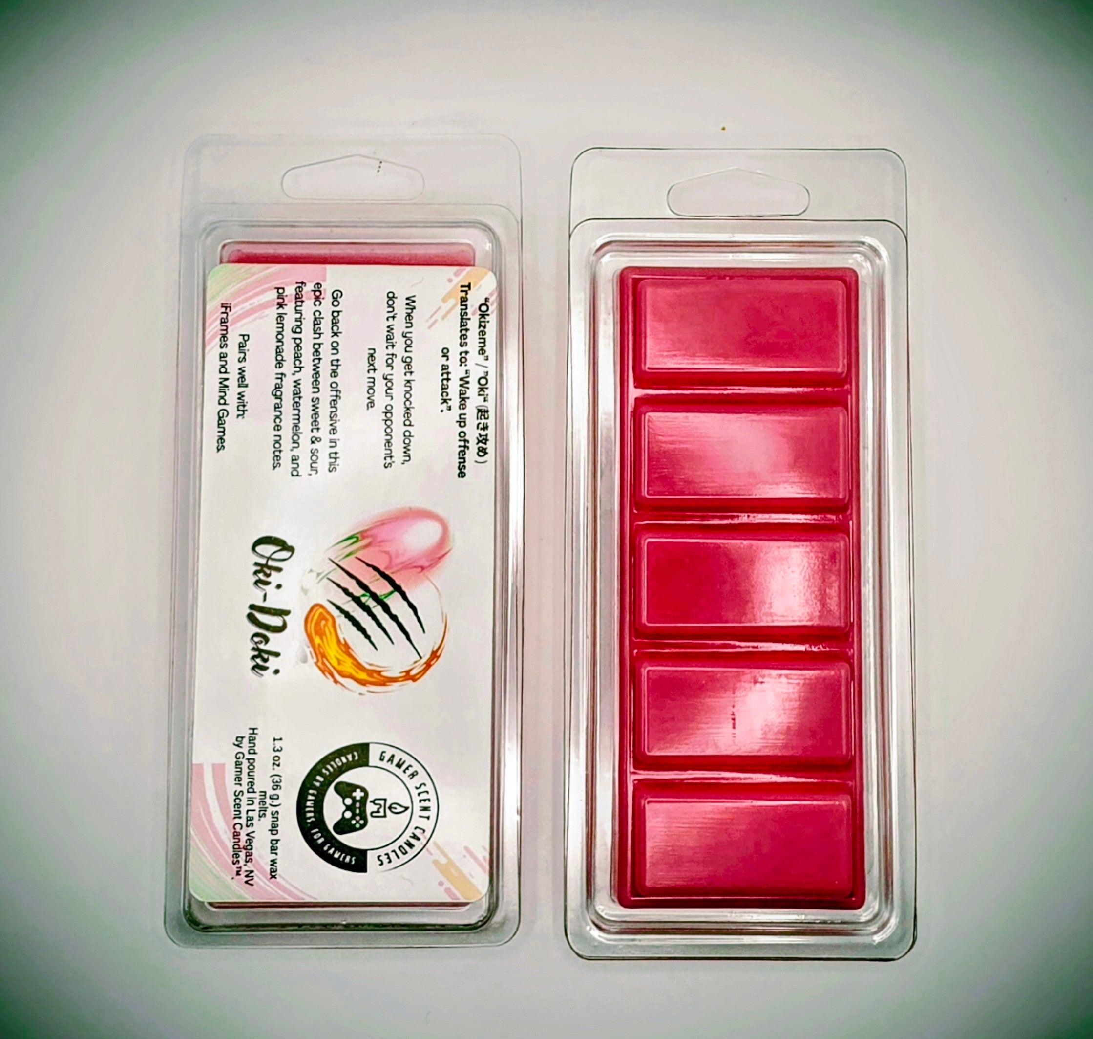 Our Oki-Doki fragrance in a 1.3 oz. snap bar. Oki Doki features sweet and sour fragrance notes, met to represent the epic clash between power fighters in your favorite fighting game. It features fragrance notes of peach, watermelon, and pink lemonade.
