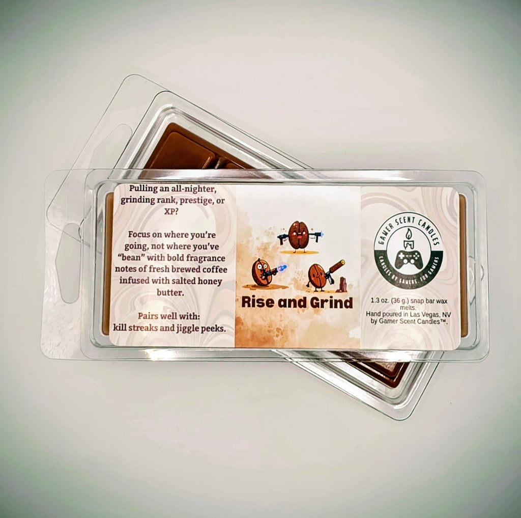 Our "Rise and Grind" scent in a 1.3 snap bar wax melt. It features fragrance notes of fresh brewed coffee, infused with scented honey butter. The label features cartoon coffee beans with weapons.