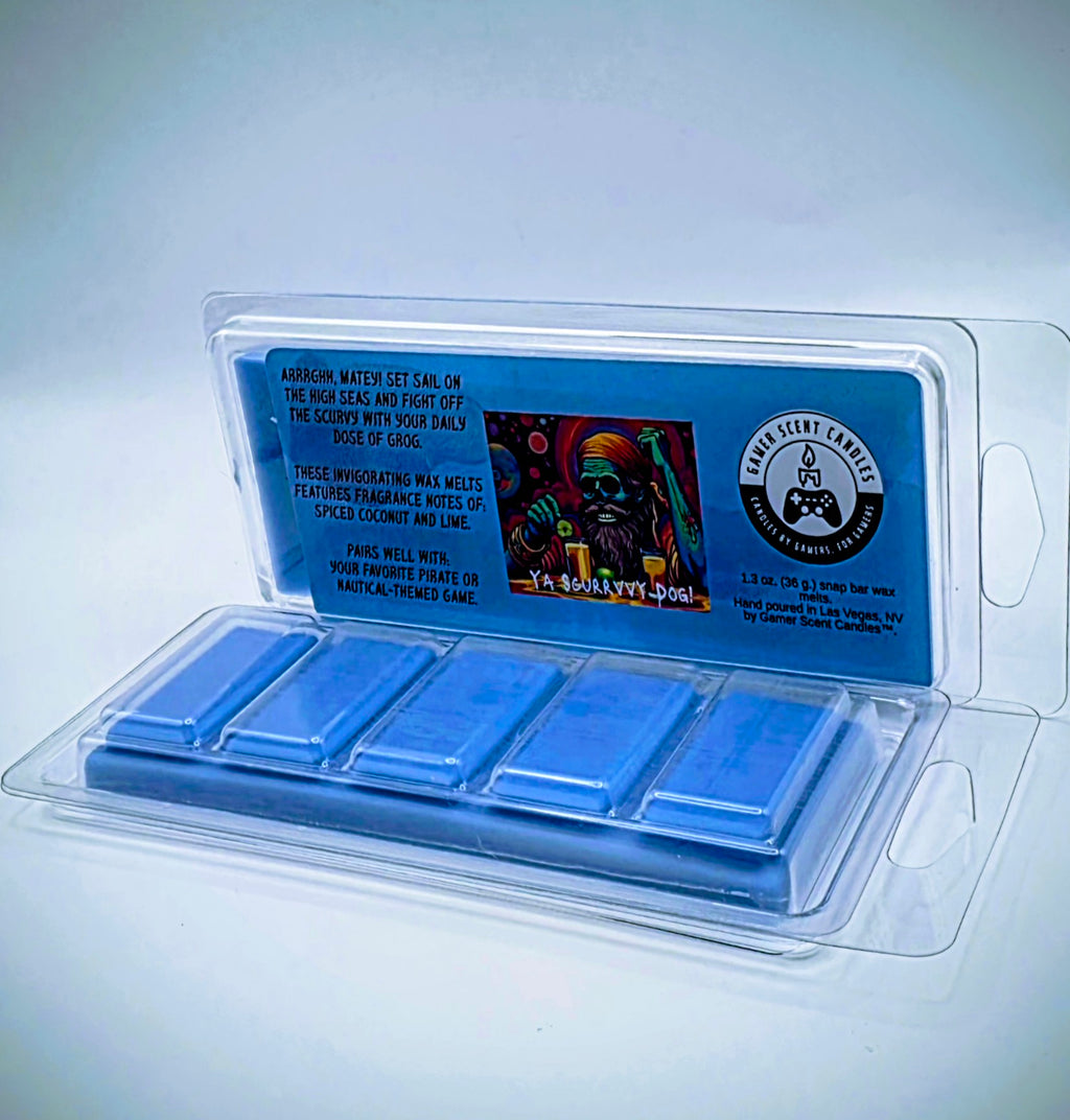 Our "Scurvy Dog" scent in a snap bar wax melt. It features fragrance notes of spiced coconut and lime. The label features a psychedelic pirate holding a drink garnished with a lime.