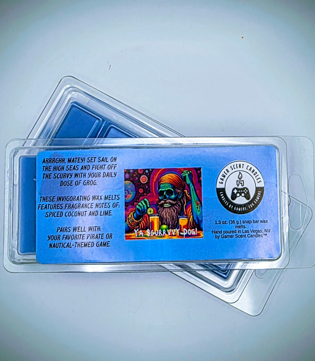 Our "Scurvy Dog" scent in a snap bar wax melt. It features fragrance notes of spiced coconut and lime. The label features a psychedelic pirate holding a drink garnished with a lime.