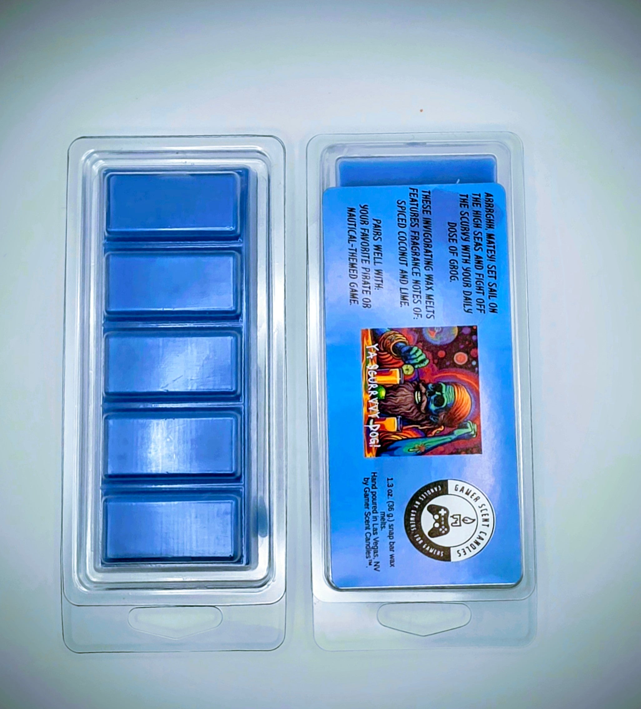 Our "Scurvy Dog" scent in a snap bar wax melt. It features fragrance notes of spiced coconut and lime. The label features a psychedelic pirate holding a drink garnished with a lime.