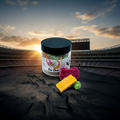 A jar of Oki-Doki premium wax melts sitting in front of an epic battle arena. Lid on. Melts out.  Video game wax melts. Perfect gift for gamers. Premium soy wax scented wax melts. Wax tarts.