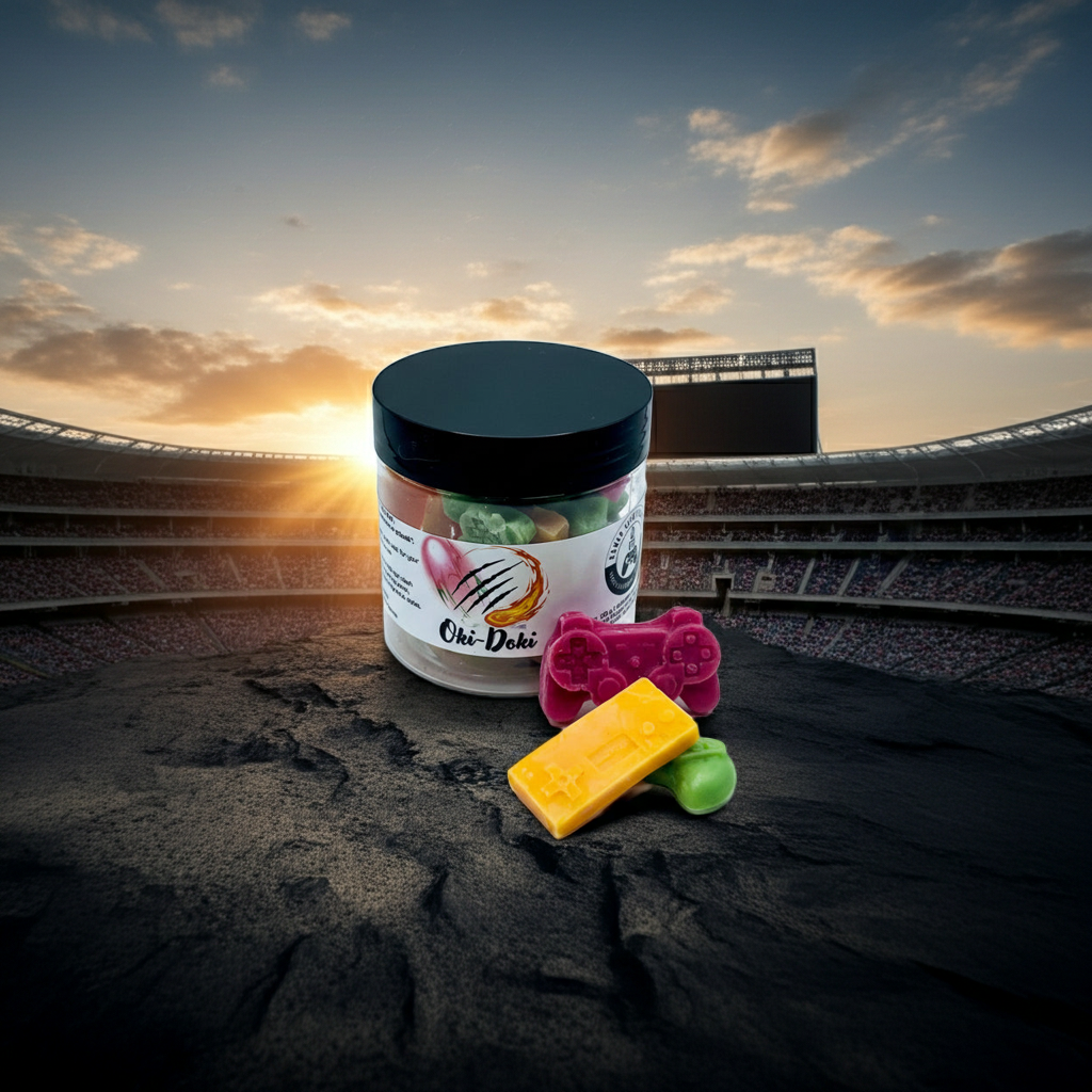 A jar of Oki-Doki premium wax melts sitting in front of an epic battle arena. Lid on. Melts out.  Video game wax melts. Perfect gift for gamers. Premium soy wax scented wax melts. Wax tarts.