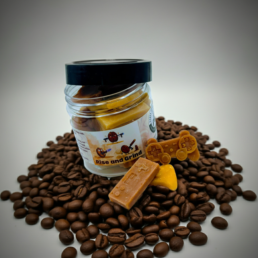 A jar of Rise and Grind premium wax melts, sitting on a pile of coffee beans. Lid slightly off. Melts out.  Video game wax melts. Perfect gift for gamers. Premium soy wax scented wax melts. Wax tarts.