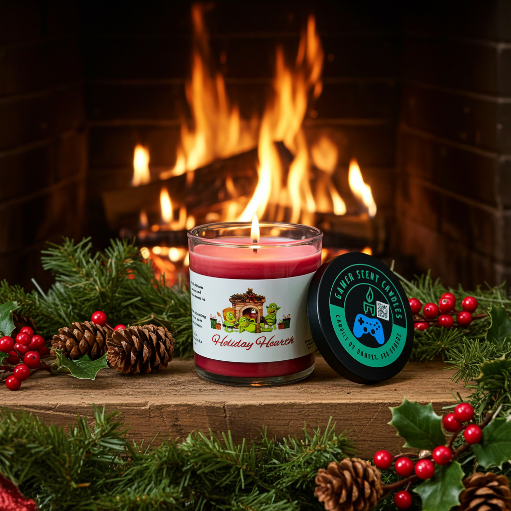 A Holiday Hearth 9-ounce tumbler jar candle, sitting in front of a holiday fireplace, surrounded by mistletoe and pinecones. Front view. Lid off. Lit.  Video game candle. Perfect gift for gamers. Premium soy wax scented candle.