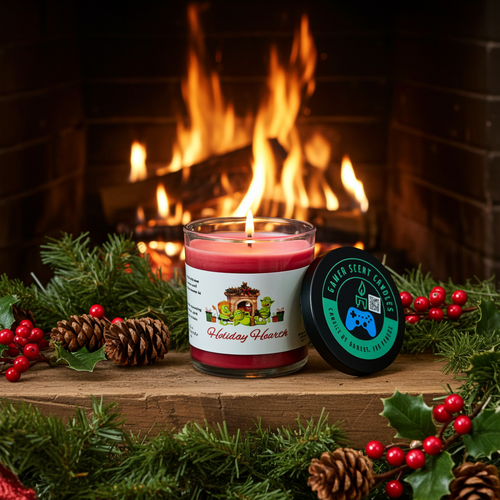 A Holiday Hearth 9-ounce tumbler jar candle, sitting in front of a holiday fireplace, surrounded by mistletoe and pinecones. Front view. Lid off. Lit.  Video game candle. Perfect gift for gamers. Premium soy wax scented candle.
