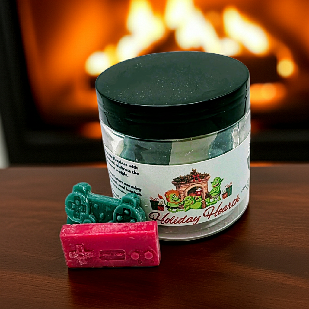 A jar of Holiday Hearth premium wax melts, sitting on top of a table in front of a cozy fireplace. Lid on. Melts out.  Video game wax melts. Perfect gift for gamers. Premium soy wax scented wax melts. Wax tarts.