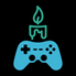 Blue gaming controller with a green candle on a black background