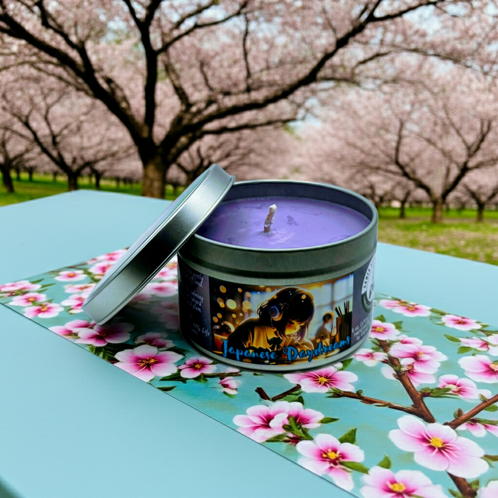 Japanese Daydreams 6-ounce candle tin in front of a field of cherry blossoms. Front view. Lid off. Video game candle for JRPG, Japanese life sim, and gacha games. Perfect gift for gamers.