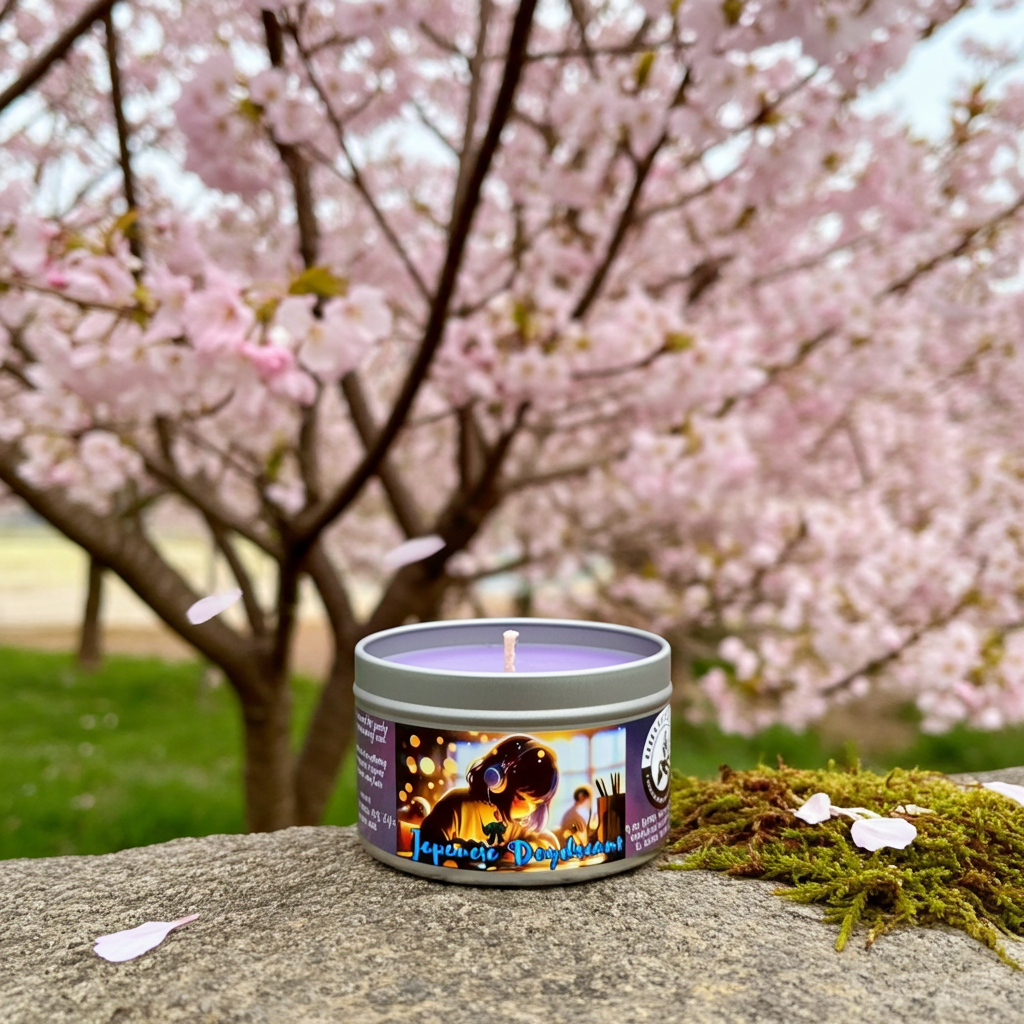 Japanese Daydreams 6-ounce candle tin in front of a field of cherry blossoms. Front view, lid off. Sitting on a stone. Video game candle for JRPG, Japanese life sim, and gacha games. Perfect gift for gamers.