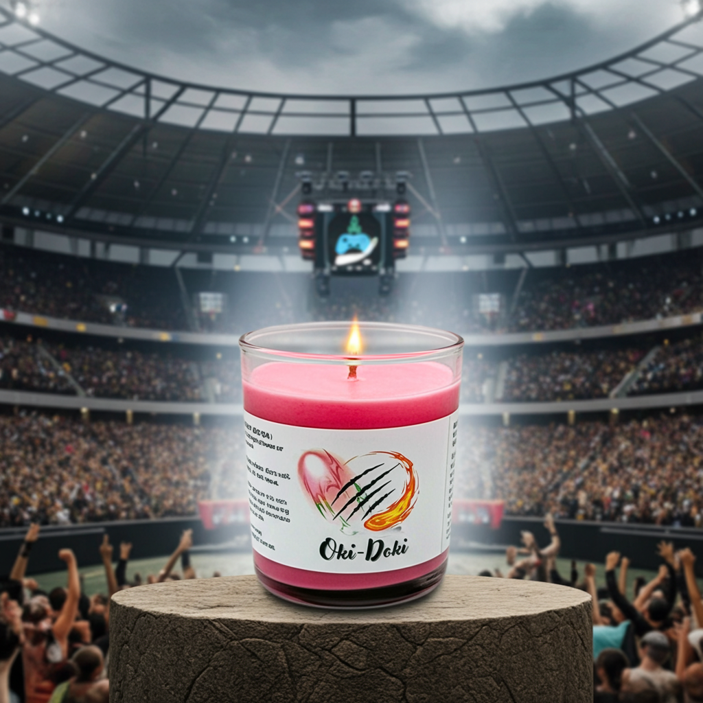 Oki-Doki 9-ounce tumbler jar.  In front of an epic battle arena. Front view. Lid off. Lit.  Video game candle. Perfect gift for gamers. Premium soy wax scented candle.