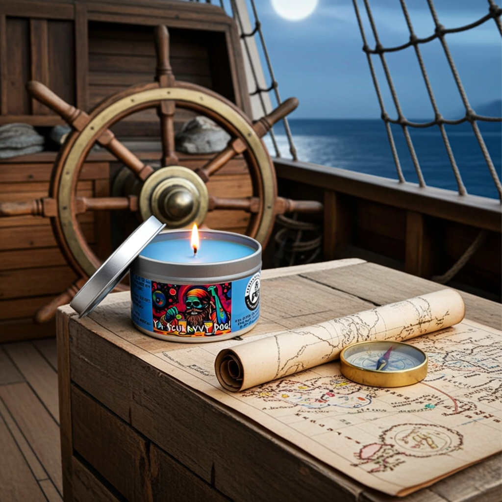 A Scurvy Dog 6-ounce candle tin, sitting on a crate on the deck of a pirate ship, with a map and compass in the foreground.  Front view. Lid off. Lit. Video game candle. Perfect gift for gamers. Premium soy wax scented candle.