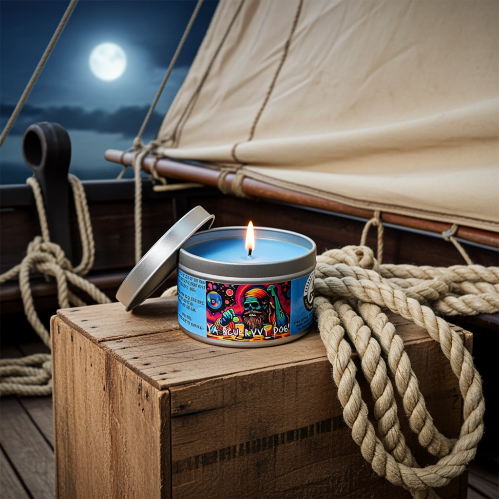 A Scurvy Dog 6-ounce candle tin, sitting on a crate on the deck of a pirate ship. Front view. Lit. Video game candle. Perfect gift for gamers. Premium soy wax scented candle.