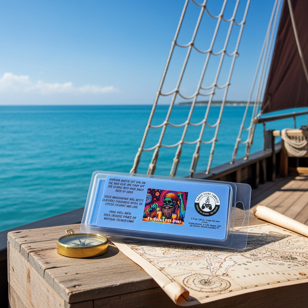 Scurvy Dog snap bar wax melt sitting on a crate, next to a compass and map, on the deck of a pirate ship. Front view. Sitting at an angle.  Video game wax melts. Perfect gift for gamers. Premium soy wax scented wax melts. Wax tarts.
