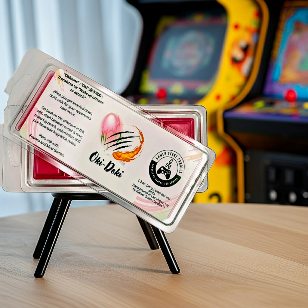 Oki-Doki snap bar wax melts. On a table in front of several arcade cabinets. Front and back. Stacked. Slightly offset.  Video game wax melts. Perfect gift for gamers. Premium soy wax scented wax melts. Wax tarts.