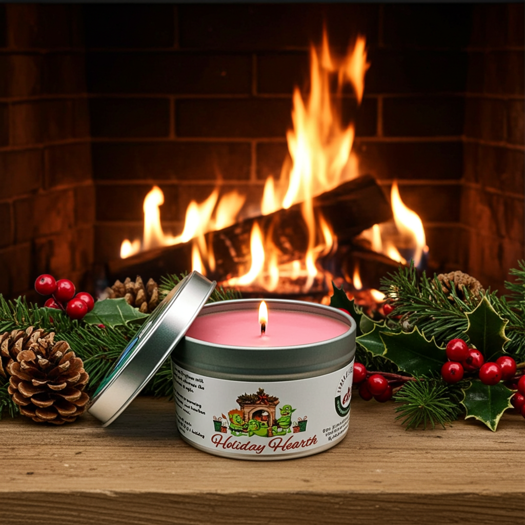 A Holiday Hearth 6-ounce candle tin, sitting in front of a holiday fireplace, surrounded by mistletoe and pinecones. Front view. Lid off. Lit.  Video game candle. Perfect gift for gamers. Premium soy wax scented candle.