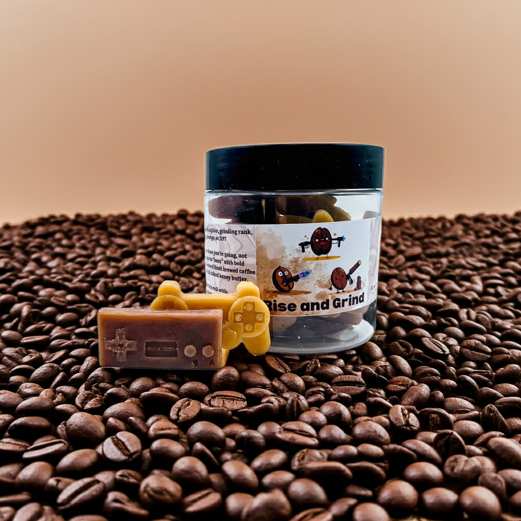 A jar of Rise and Grind premium wax melts, sitting on a pile of coffee beans in front of a light brown background. Lid on. Front view.  Video game wax melts. Perfect gift for gamers. Premium soy wax scented wax melts. Wax tarts.