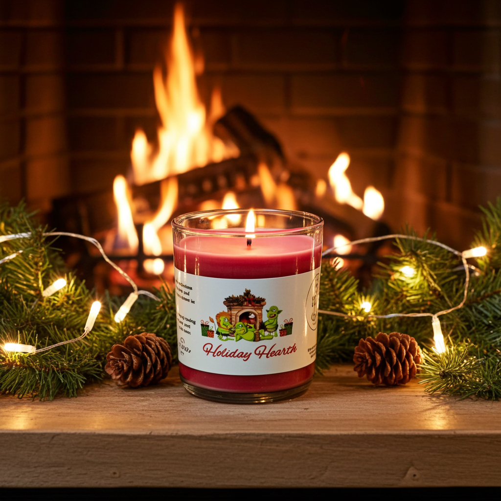 A Holiday Hearth 9-ounce tumbler jar candle, sitting in front of a holiday fireplace, surrounded by strands of holiday lights and pinecones. Front view. Lid off. Lit.  Video game candle. Perfect gift for gamers. Premium soy wax scented candle.