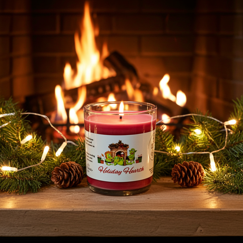 A Holiday Hearth 9-ounce tumbler jar candle, sitting in front of a holiday fireplace, surrounded by strands of holiday lights and pinecones. Front view. Lid off. Lit.  Video game candle. Perfect gift for gamers. Premium soy wax scented candle.