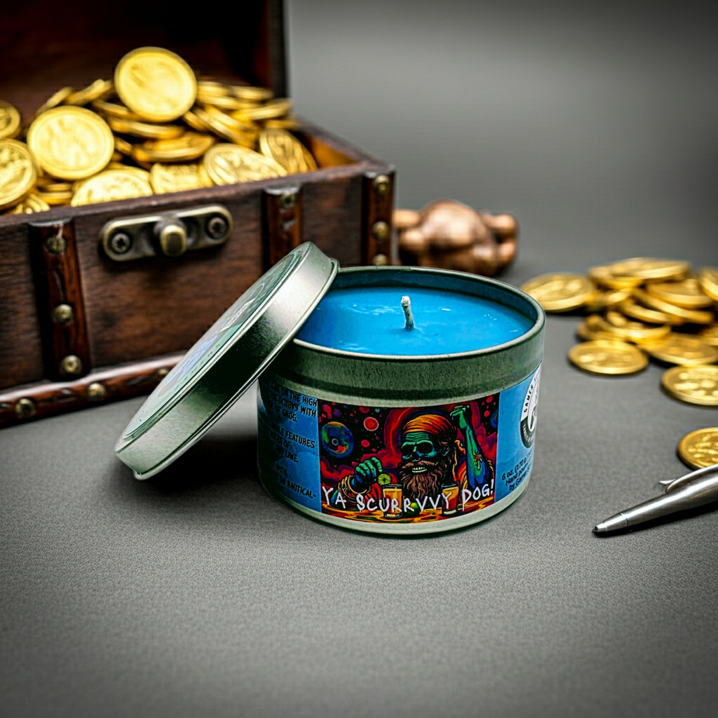 A Scurvy Dog 6-ounce candle tin, sitting next to a chest of pirate gold. Lid off. Front view.  Video game candle. Perfect gift for gamers. Premium soy wax scented candle.