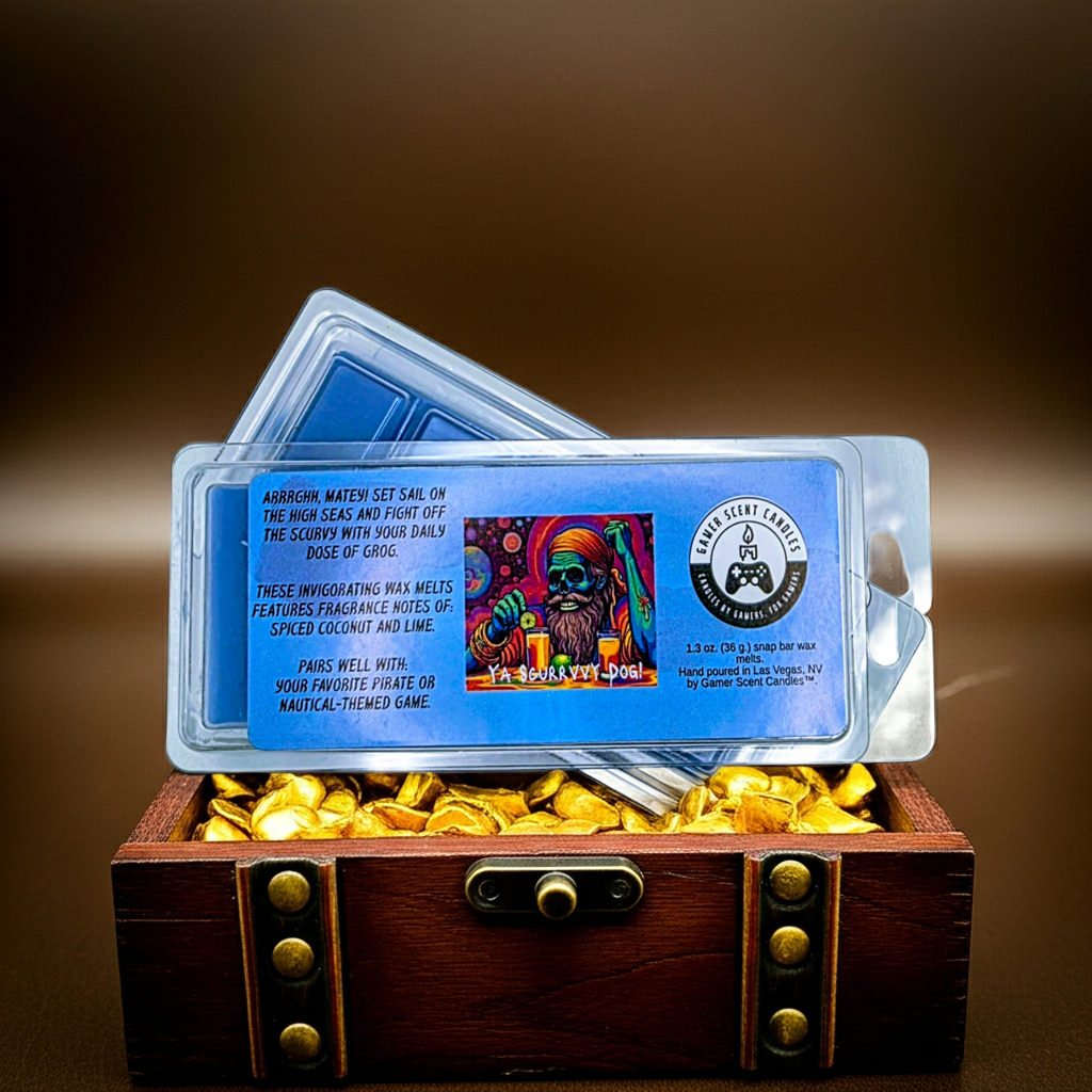 Scurvy Dog snap bar wax melts sitting on a chest of pirate gold. Front and back. Stacked. Slightly offset.  Video game wax melts. Perfect gift for gamers. Premium soy wax scented wax melts. Wax tarts.