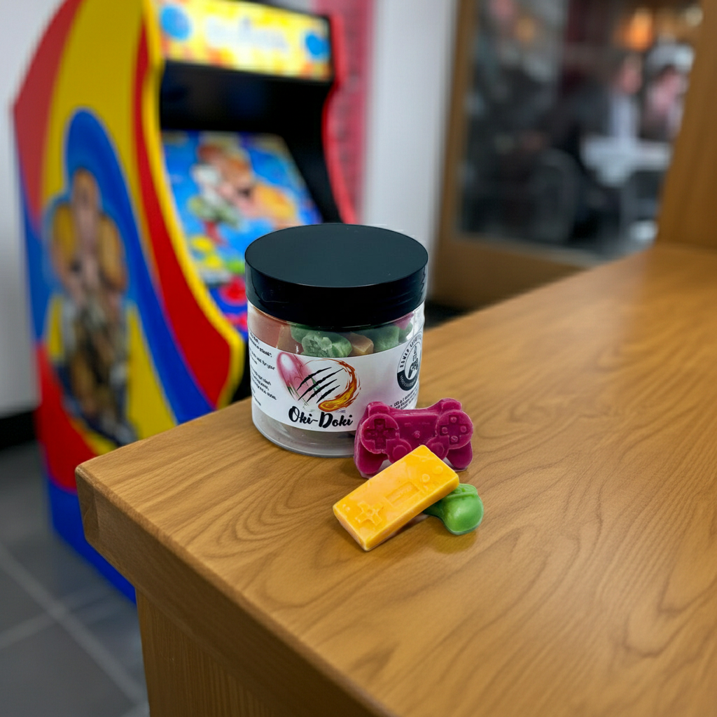 A jar of Oki-Doki premium wax melts sitting on a table, in front of an arcade cabinet. Lid on. Melts out.  Video game wax melts. Perfect gift for gamers. Premium soy wax scented wax melts. Wax tarts.